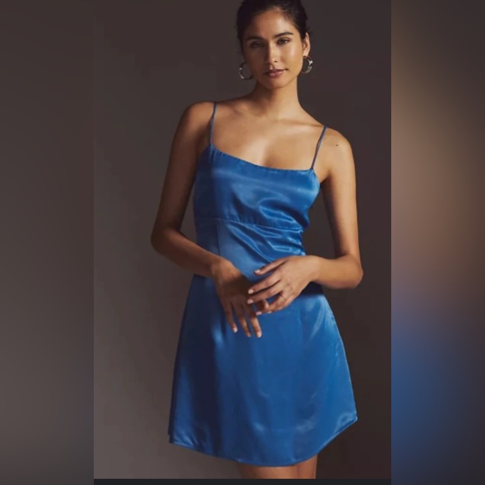Anthropologie Blue Mini Dress with Spaghetti Straps Satin Size 10